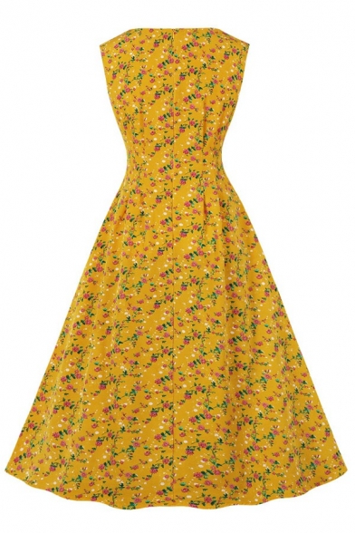 Trendy Womens Dress Flowers Printed Round Neck Sleeveless Pleated Midi Flare Dress