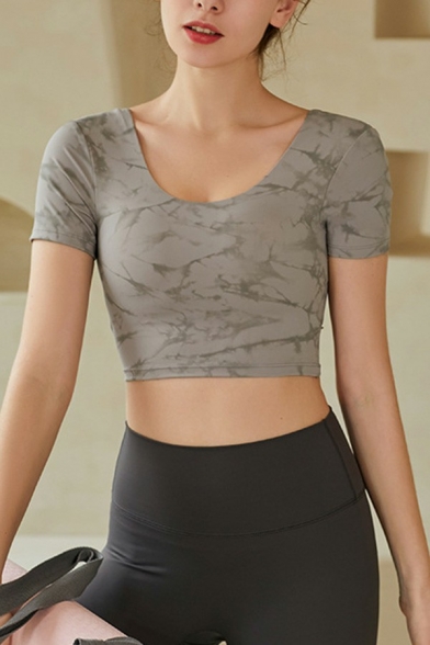 Trendy Womens T-Shirt Crack Pattern Scoop Neck Short Sleeve Cropped Yoga T-Shirt