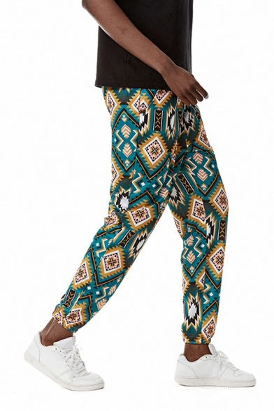 Vintage Guy's Pants Geometric Print Mid Rise Drawstring Relaxed Fit Long Length Pants