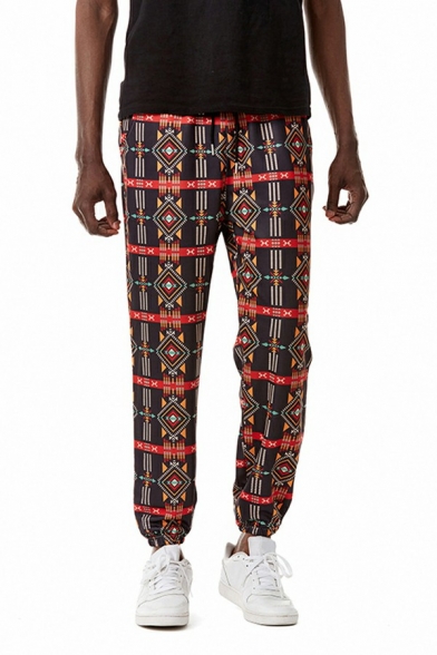 Vintage Guy's Pants Geometric Print Mid Rise Drawstring Relaxed Fit Long Length Pants