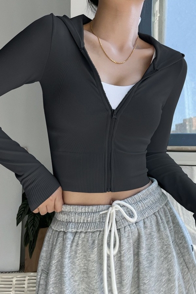 Basic Womens Jacket Plain Zipper Fly Long Sleeve Dry Fit Hooded Skinny Workout Jacket