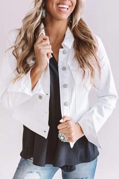 Casual Ladies Jacket Plain Turn Down Collar Button Placket Regular Fit Denim Jacket with Flap Pockets