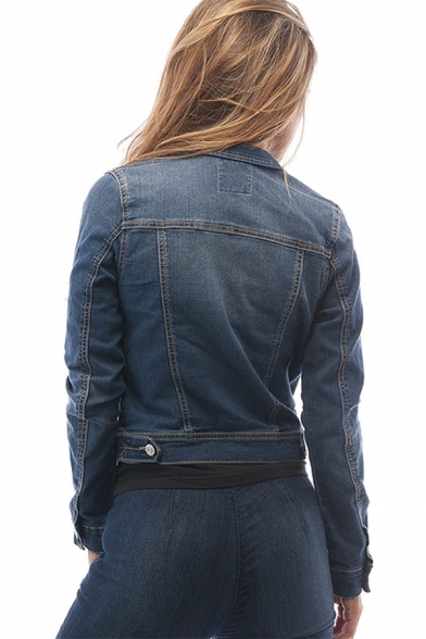 Casual Ladies Jacket Plain Turn Down Collar Button Placket Regular Fit Denim Jacket with Flap Pockets