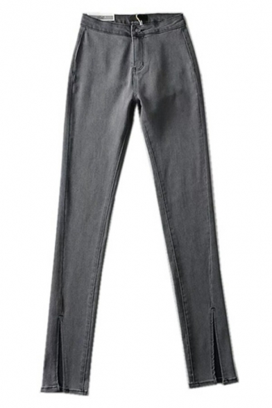 Casual Ladies Jeans Gray Zip Fly High Waist Split Hem Skinny Denim Pants