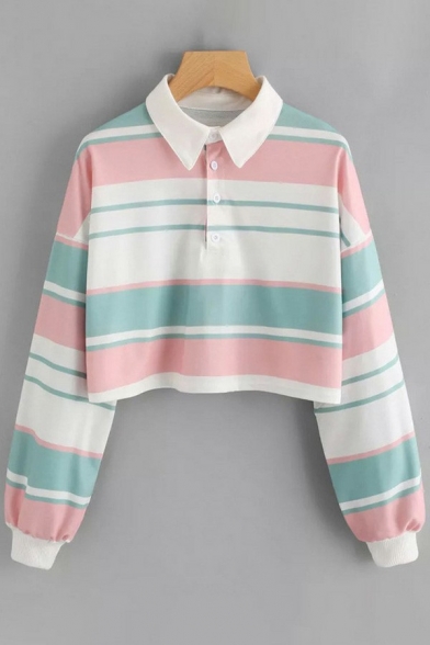 Casual Striped Polo Shirt Turn Down Collar Long Sleeve Oversize Cropped Polo Shirt for Women