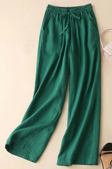 Casual Wide Leg Pants Solid Color Drawstring Waist High Rise Long Straight Linen Pants for Women