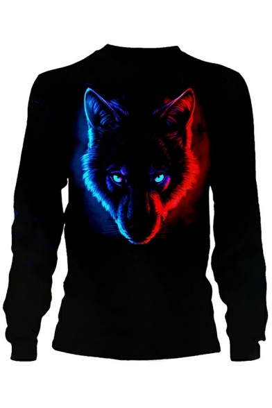 Cozy Mens Sweatshirt 3D Wolf Pattern Long Sleeve Regular Round Collar Pullover Sweatshirt