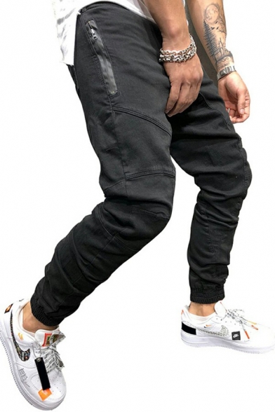 Dashing Mens Pants Plain Elastic Waist Mid Rise Skinny Fit Pants with Pocket