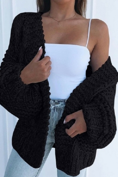 Edgy Ladies Sweater Plain Open Front Long Puff Sleeve Oversized Cardigan