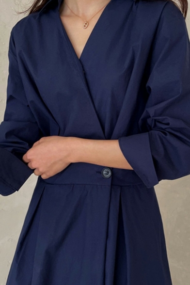 Elegant Womens Dress Plain Turn-Down Collar 3/4 Length Sleeve Belted Pleated Maxi Shirt Dress