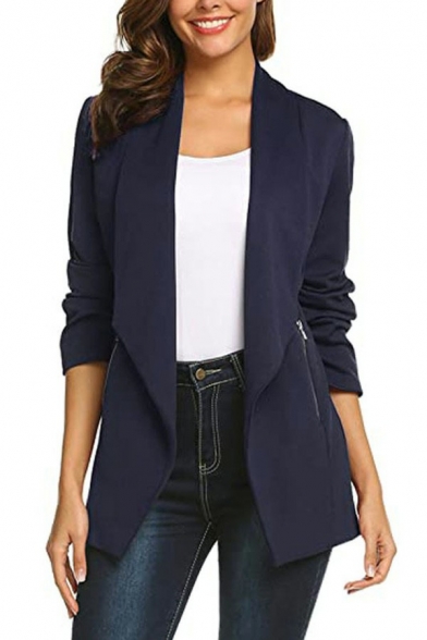 Fancy Womens Blazer Waterfall Collar Open Front Solid Color Zip Pockets Slim Fitted Blazer