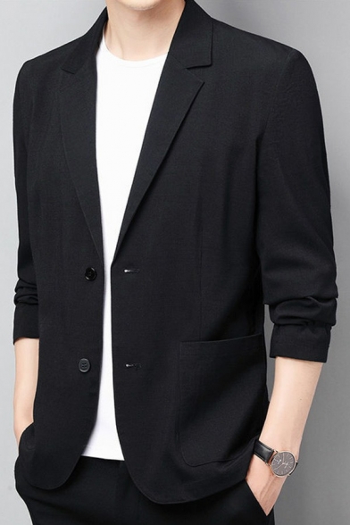 Guys Comfortable Suit Heathered Pocket Cotton Linen Lapel Collar Button Up Suit
