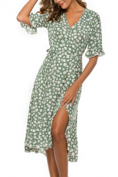 Hot Dress Floral Pattern Half Sleeve V Neck Sashes Detail Fitted A-Line Dress for Women
