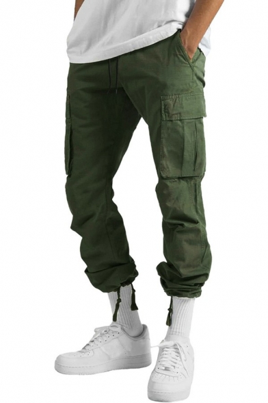 Leisure Pants Pure Color Flap Pocket Mid Rise Regular Fit Drawstring Cargo Pants for Men