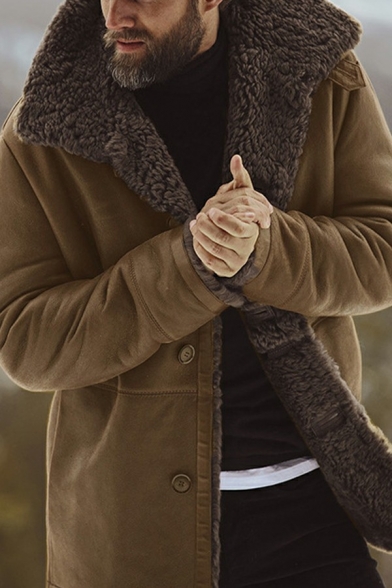 Men Dashing Fleece Jacket Plain Long-Sleeved Spread Collar Button Closure Regular Fit Jacket