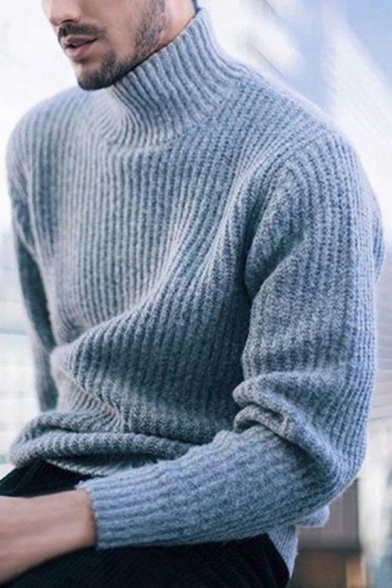 Men Novelty Sweater Pure Color High Neck Long Sleeves Loose Fit Pullover Rib Hem Sweater