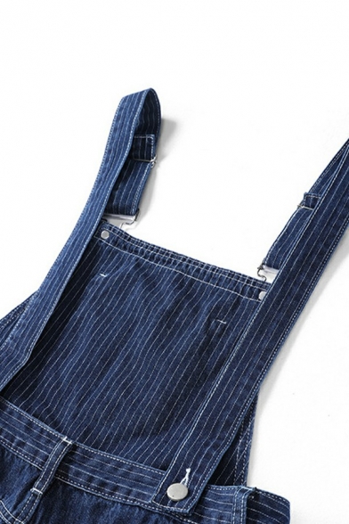 Men's Modern Denim Overalls Stripe Print Kangaroo Pocket Regular Fit Denim Bib Overalls in Dark Blue