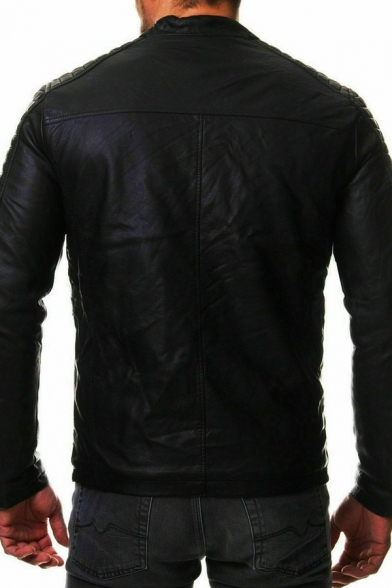 Men Simple Leather Jacket Plain Stand Collar Zipper Pleated Pocket Leather Jacket