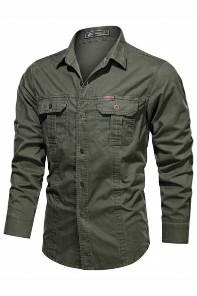 Men Urban Shirt Solid Color Chest Pocket Turn-down Collar Skinny Long Sleeve Button Shirt