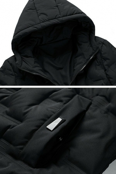Mens Daily Padded Coat Solid Color Pocket Detail Zip Closure Loose Fit Padded Coat with Hood