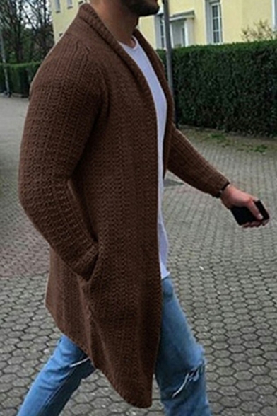 Mens Simple Knit Cardigan Shawl Collar Open-Front Plain Fitted Knit Cardigan