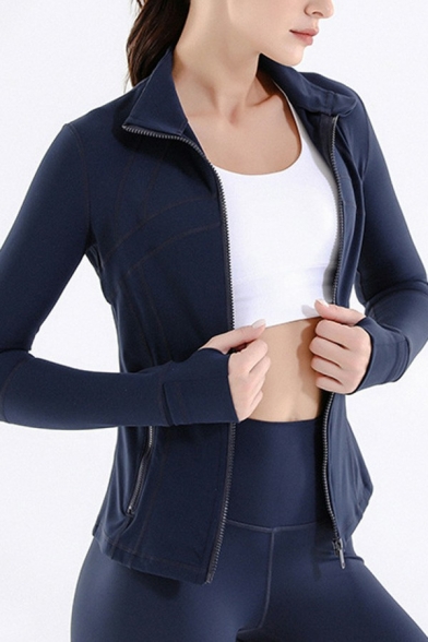 Modern Womens Gym Jacket Contrast Stitching Stand Collar Zipper Up Slim Fit Jacket