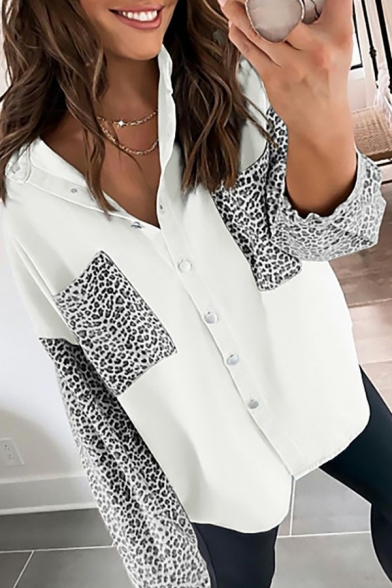Retro Womens Denim Jacket Leopard Print Patchwork Spread Collar Button Closure Loose Fit Denim Jacket