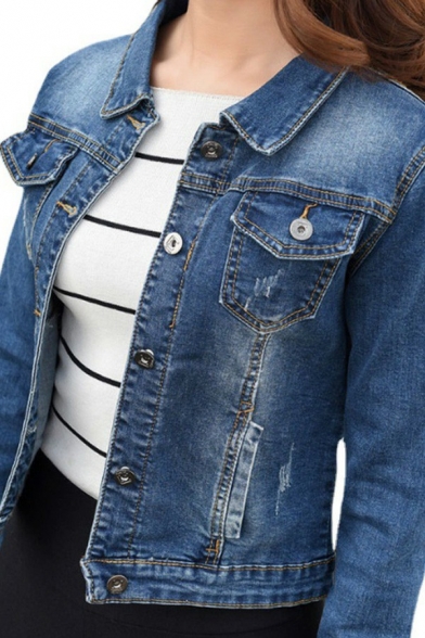 Retro Womens Jacket Plain Lapel Collar Single Breasted Long Sleeve Cropped Denim Jacket