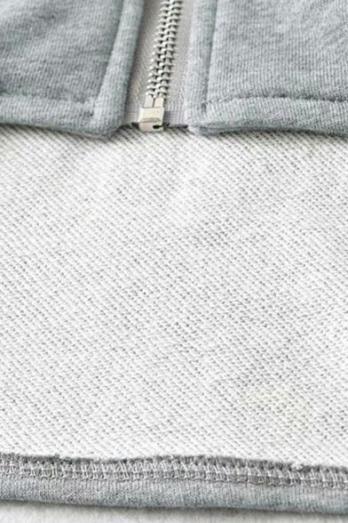 Sexy Ladies Sweatshirt Plain Collared Zip Up Long Sleeve Asymmetrical Hem Cropped Sweatshirt