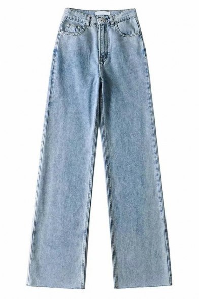 Simple Ladies Jeans Midwash Blue Zip Fly High Waist Straight Denim Pants