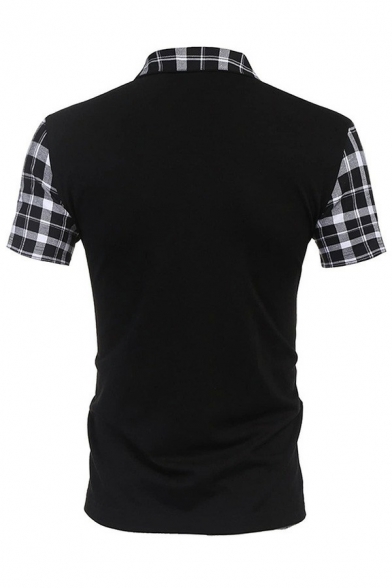 Smart Men's Polo Shirt Plaid Pattern Raglan Short Sleeve Zip Slim Fit Polo Shirt