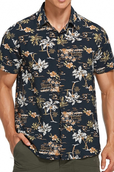 Stylish Mens Shirt Tree Pattern Turn Down Collar Single Breasted Short Sleeve Shirt