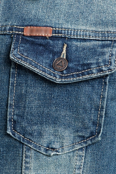 Trendy Men's Denim Jacket Washed Effect Button Closure Pocket Spread Collar Fitted Denim Jacket in Blue