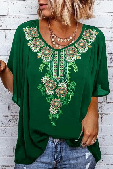 Tribal Womens T-Shirt Floral Pattern Round Neck Half Flared Sleeve T-Shirt