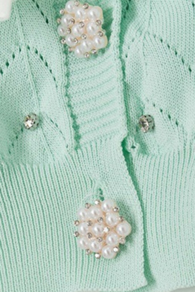 Unique Ladies Sweater Plain V-Neck Bow Single Breasted Short Sleeve Ruffle Beading Cardigan
