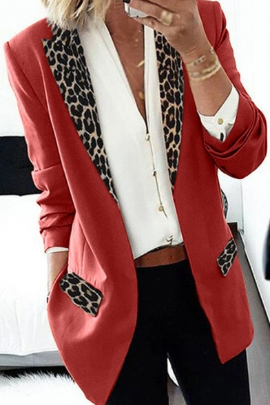 Vintage Ladies Blazer Lapel Collar Open-Front Leopard Print Patchwork Slim Fit Blazer