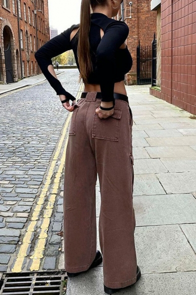 Vintage Ladies Denim Pants High Waist Zipper Closure Flap Pockets Long Straight Cargo Pants in Brown