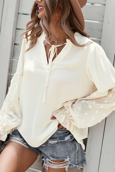 Vintage Womens Blouses Shirt Pure Color Tied V Neck Knit Dot Long Sleeve Shirt with Ruffles
