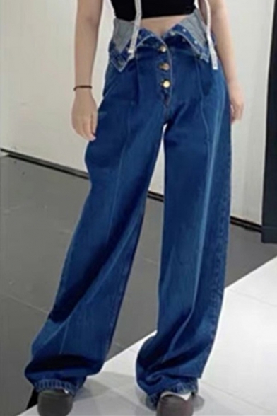 Vintage Womens Jeans Darkwash Blue Button Fly High Waist Wide Leg Denim Pants