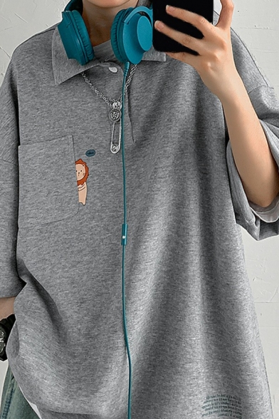Casual Womens Polo Shirt Turn Down Collar Lion Pattern Half Sleeve Oversized Polo Shirt