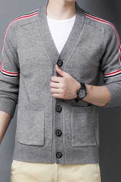 Chic Mens Cardigan Stripe Pattern V Neck Regular Long Sleeve Button Placket Cardigan