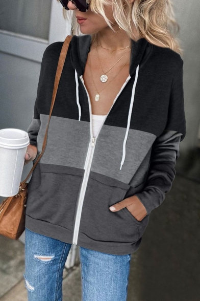 Comfortable Womens Hoodie Drawstring Color Block Zipper Up Long Sleeve Regular Fit Hooded Sweatshirt