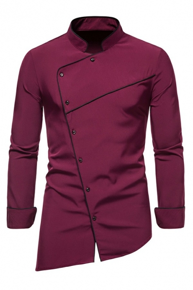 Cool Shirt Contrast Line Stand Collar Long-Sleeved Slim Oblique Button down Shirt for Men