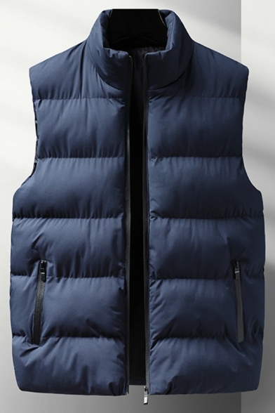 Fancy Boy's Vest Solid Color Pocket Detailed Regular Sleeveless Zipper Stand Collar Vest