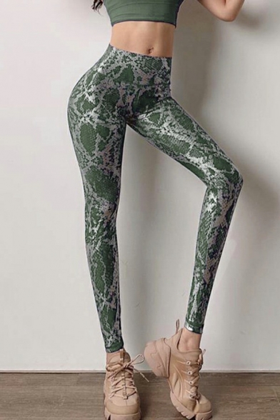 Fashionable Womens Leggings Snake Pattern Hot Stamping Elastic Waist High Rise Workout Leggings