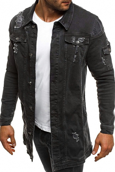 Guy's Fashion Jacket Plain Distressed Spread Collar Regular Fitted Button up Denim Jacket