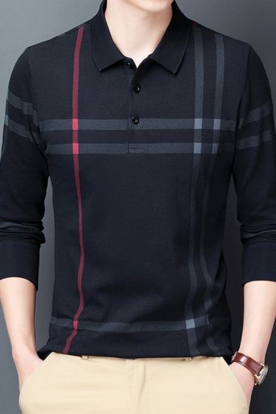 Hip-hop Polo Shirt Stripe Printed Long Sleeve Button Regular Fit Polo Shirt for Guys