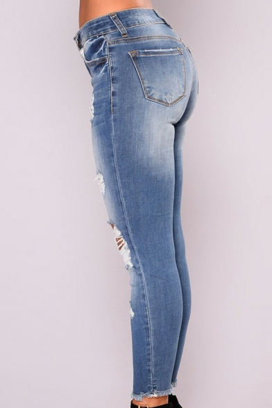 Leisure Ladies Jeans Midwash Blue Zip Fly Mid Rise Ripped Skinny Denim Pants