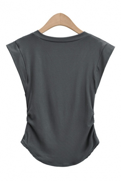 Leisure Plain T-Shirt V Neck Cap Sleeve Curved Hem Ruched Detail Slim Fit Tee Shirt for Ladies