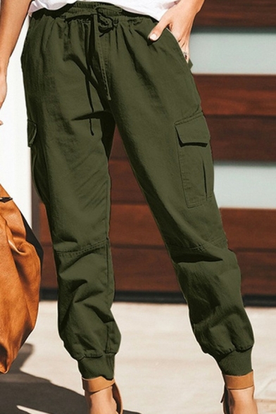 Leisure Womens Cargo Pants Pure Color Drawstring Waist Slim Fit Tapered Pants with Flap Pockets